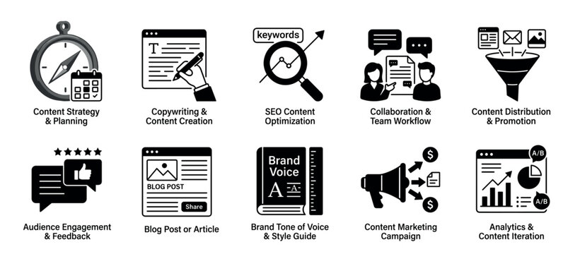 Content marketing and digital strategy icon set featuring minimalist glyphs for SEO, copywriting, planning, analytics, and promotion, presented in a clean black and white style