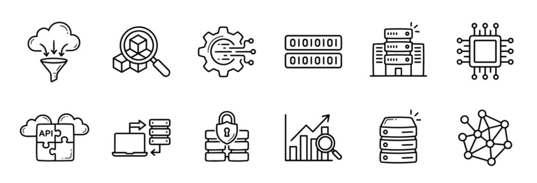 Collection of black line art icons for data technology, featuring hand-drawn symbols for cloud computing, server security, network analysis, and API integration in a minimalist style