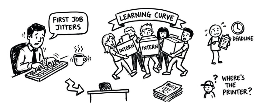 Hand-drawn black and white sketch illustrations depicting the challenges of a new job, including first day jitters, a steep learning curve for interns, and deadline pressure in a corporate office