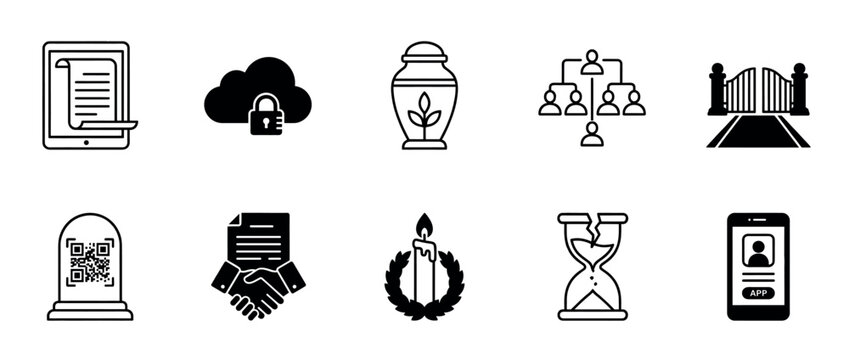 Collection of ten black funeral icons representing digital legacy, death tech, and memorial services with symbols like an urn, will, and QR code on a tombstone