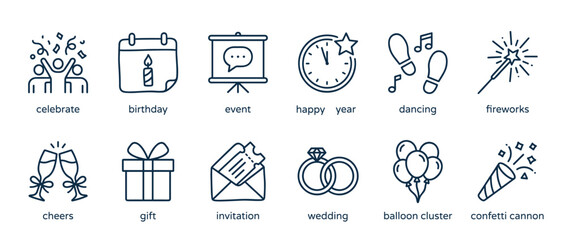 Fototapeta premium Collection of twelve celebration and party line icons representing birthday, wedding, new year, and events with editable stroke pictograms for web and mobile user interface design