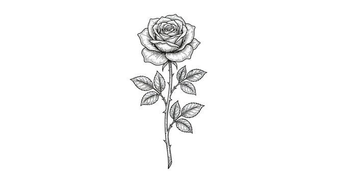A hand-drawn sketch of a beautiful single red rose flower with a green leaf and stem, isolated on a white background as a romantic valentine gift of love