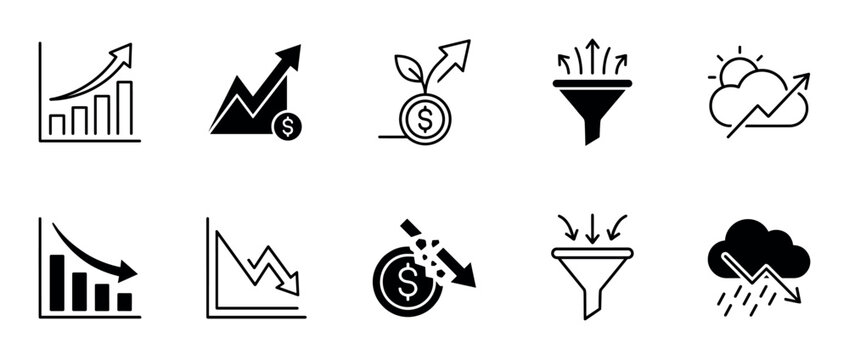 Collection of black business and finance icons showing growth and decline with charts, graphs, arrows, and weather metaphors for profit, loss, investment, and economic trends
