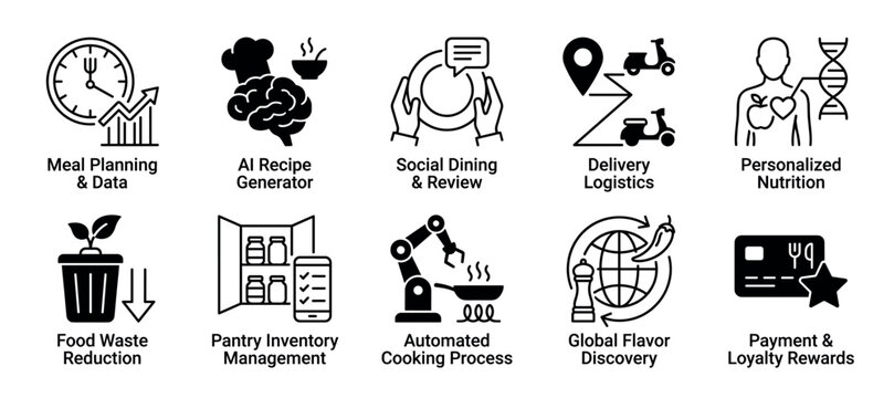 Set of ten black glyph icons representing food technology concepts like AI recipe generation, delivery logistics, automated cooking, and personalized nutrition in a clean modern style
