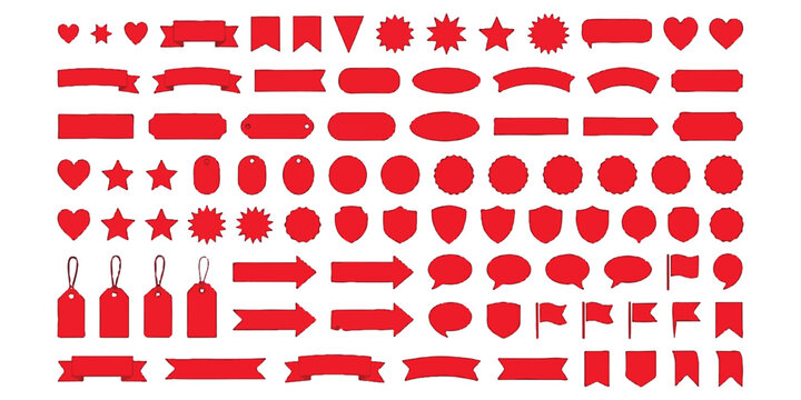 Set of various red labels ribbons banners tags stars hearts and arrow shapes for design elements