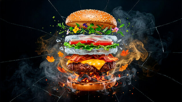 Futuristic Exploding Burger in Glass Dome, Cyberpunk Food Art, Neon City Background, High-Quality Digital Composition