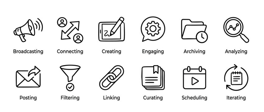 Set of twelve black line art icons representing social media management and content creation concepts like broadcasting, connecting, creating, engaging, analyzing, and posting