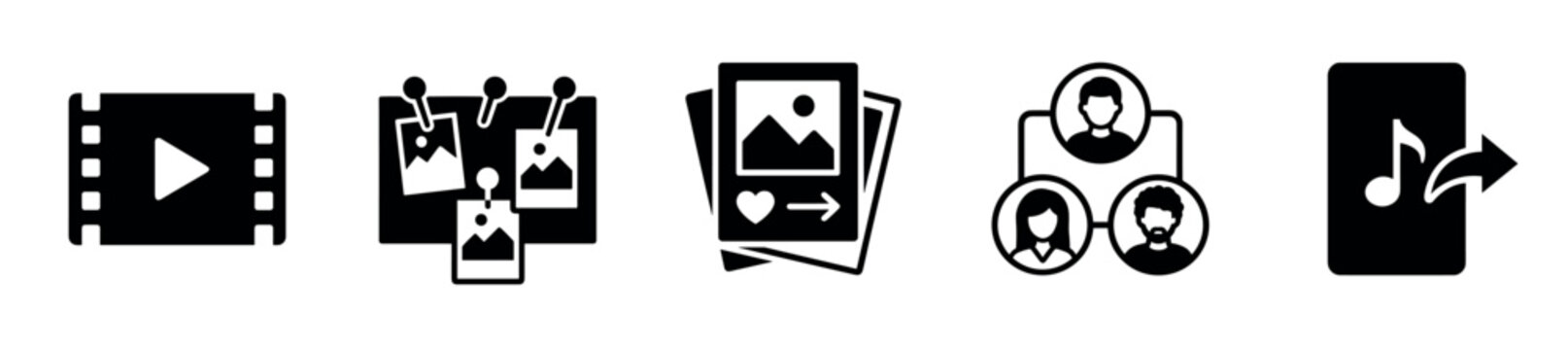 Set of black solid glyph icons representing social media content and sharing functions, including symbols for video, photo boards, sending pictures, user networks, and exporting audio
