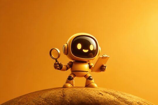 Cute robot detective standing on a rocky surface with copy space on orange background
