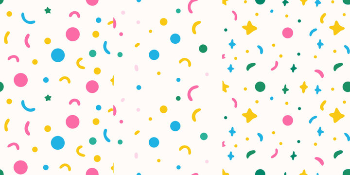 Colorful confetti pattern with scattered shapes on a white background