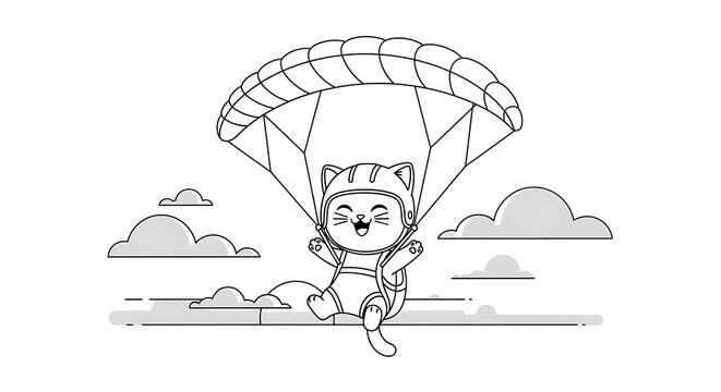 Line drawing of a joyful feline, wearing a helmet, skydiving with a parachute amidst puffy clouds
