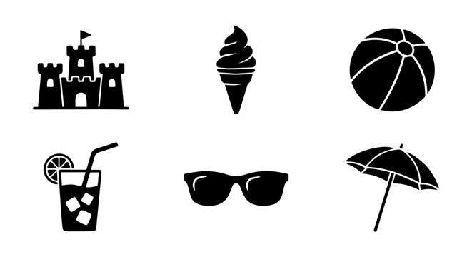 6 Summer Vacation silhouette icons, beach items set, solid black style, travel