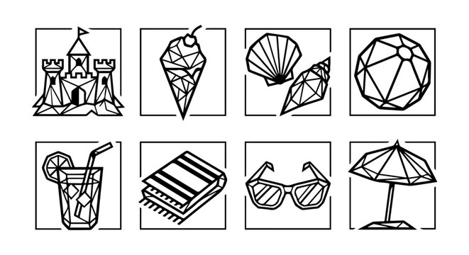 8 Summer vacation silhouette icons, beach objects set, solid black style, travel