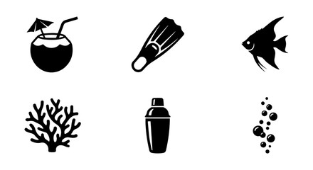 6 Scuba diving silhouette icons, snorkeling gear, fish, coral, cocktail, bubbles, solid black style, travel © mehrima