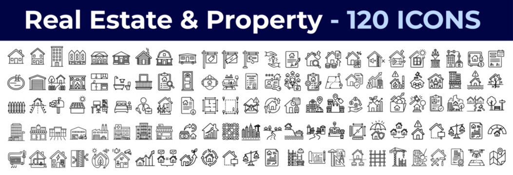 Real Estate and Property Icons Set - 120 Icons. House, Apartment, Mortgage, Commercial, Construction, Rental, Neighborhood, Investment, Floor Plan, Valuation. Editable Stroke. Vector Design.