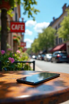 Tel&eacute;fono inteligente sobre una mesa en la terraza de un caf&eacute;, se&ntilde;ales de tr&aacute;fico y coches pasando detr&aacute;s