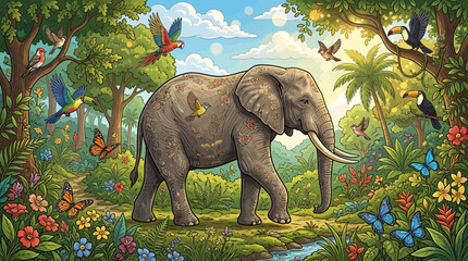 Fototapeta premium Majestic Elephant Walks Through Lush, Vibrant Jungle Paradise with Exotic Birds and Butterflies