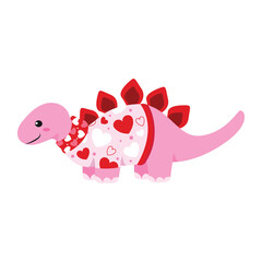 Cute pink stegosaurus dinosaur with red and white hearts for Valentine's Day © Linocut