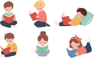 Fototapeta premium Set of cute cartoon children characters reading books, studying, and learning in comfortable sitting, kneeling, and lying poses.