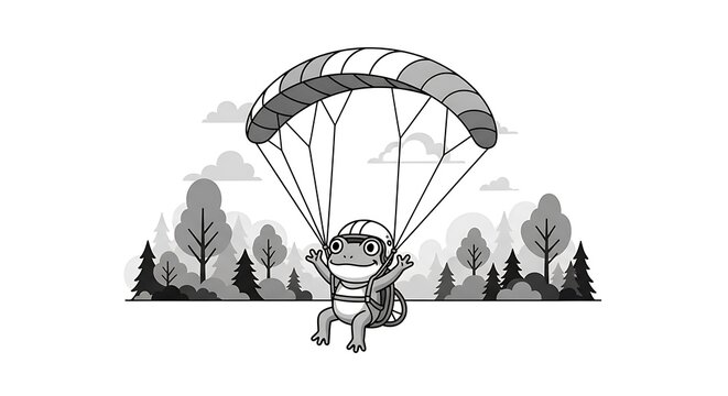 Monochrome illustration of a turtle wearing a helmet and backpack, using a parachute, above a stylized forest