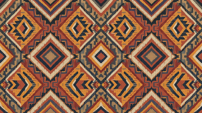 Vibrant geometric aztec diamond pattern with rich earthy colors and ethnic motifs.