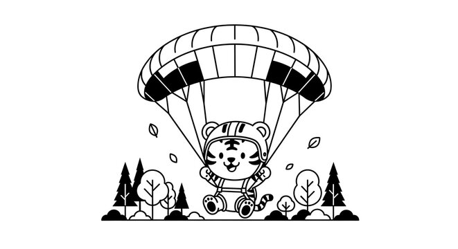Playful cartoon tiger joyfully descending from a parachute in a monochrome illustration, set above a minimalist forest