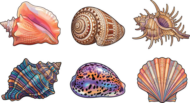Detailed Seashell Vector Icon Set Featuring Various Exotic Ocean Shells, Clams, and Conches with Intricate Colorful Patterns for Summer Decorative Designs