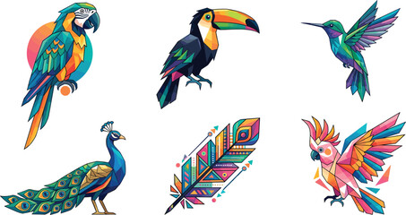 Geometric Low Poly Tropical Bird Vector Icon Set Featuring Macaw, Toucan, Hummingbird, Peacock, Cockatoo, and Ornate Native Feather for Abstract Wildlife Designs © Mahadi