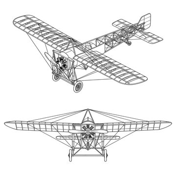 Technical wireframe drawing of a vintage monoplane aircraft.