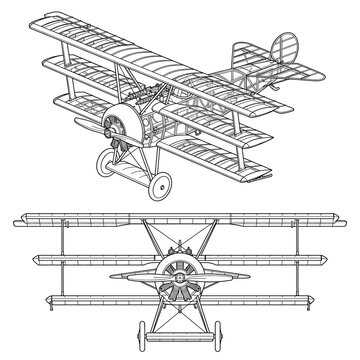Technical line drawing of a vintage world war one triplane aircraft.
