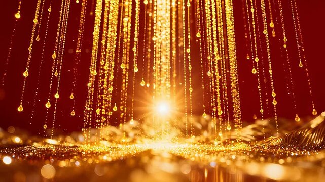 Golden droplets cascading on red background