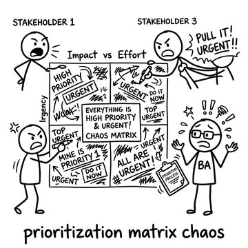 Stick figure cartoon showing project prioritization matrix chaos with arguing stakeholders