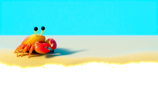 夏の青空と砂浜を背景にしたリアルなカニの3Dイラスト。