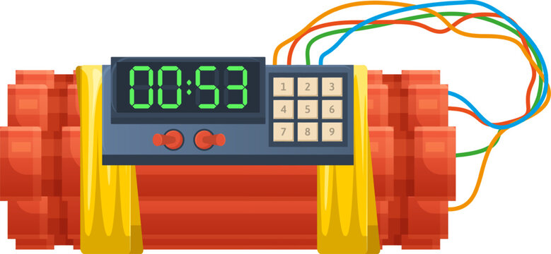 Bomb showing digital timer counting down to zero with multiple colored wires