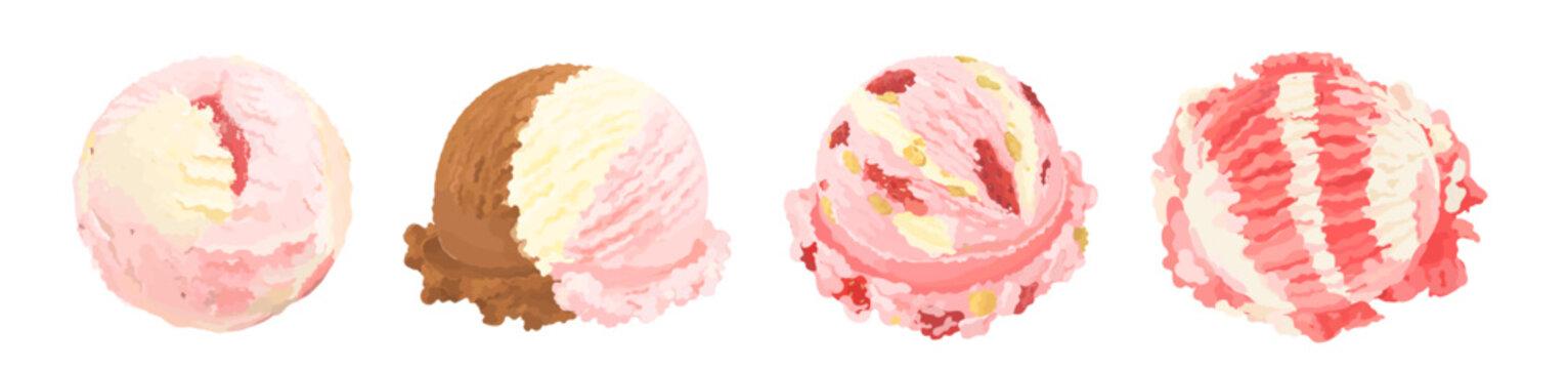 Set of strawberry, Italian stracciatella chocolate, strawberry cheesecake and neapolitan ice cream scoop. Summer dessert illustration isolated on white. Perfect for menu, packaging and dessert design.