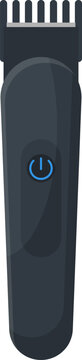 Electric grooming trimmer with a blue power button on a white background