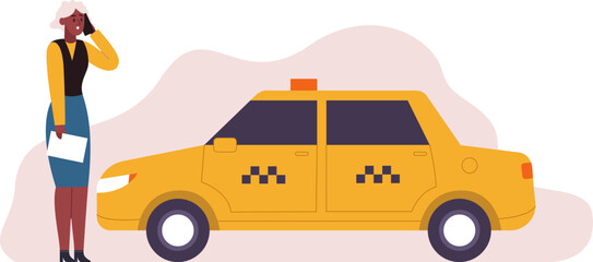 Naklejka premium Woman making a phone call for a taxi ride standing next to a yellow cab