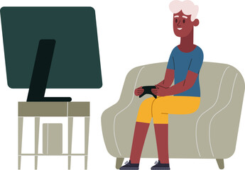 Senior man sitting on a couch, holding a controller and looking at a screen, enjoying gaming © WinWin