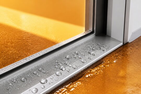Closeup of a wet aluminum window threshold with raindrops and warm sunlight on a modern interior floor