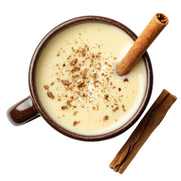 Overhead Shot Of Eggnog In A Brown Mug With Cinnamon Sticks And Nutmeg On Transparent Background