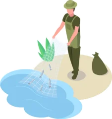Fisherman pulling a net full of freshwater fish from a pond © WinWin