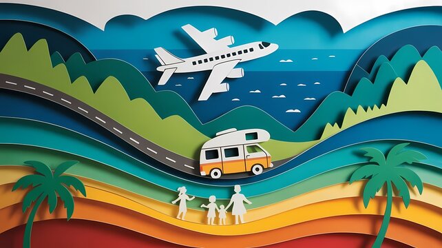 A handcrafted paper cut art piece depicting a multi-layered family vacation scene with distinct dime