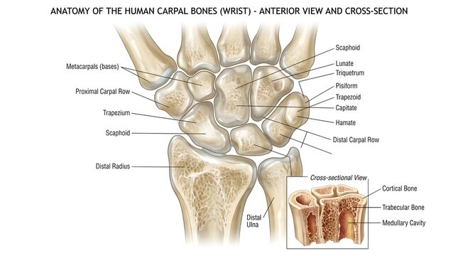 Anatomy of the human carpal bones (wrist) anterior view showing proximal and distal carpal rows, scaphoid, lunate, triquetrum, pisiform, trapezium, trapezoid, capitate, hamate, distal radius and ulna 