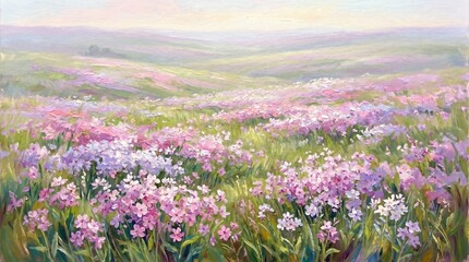 Obraz premium Impressionist Oil Painting of Pink Phlox Wildflower Field and Rolling Hills Landscape