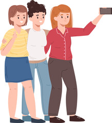 Fototapeta premium Group of happy young women standing closely, smiling, and taking a selfie with a smartphone