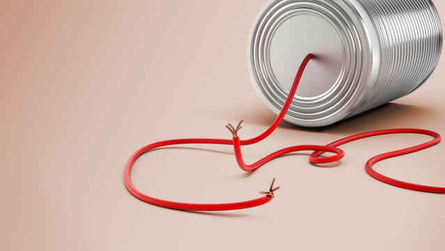 Communication breakdown with tin can having a disconnected cable. 3D illustration