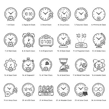 AI Smart Clock Icon Set - 24 Line Art Vector Icons of Digital, Analog, Alarm and Futuristic Clocks with AI Microchip