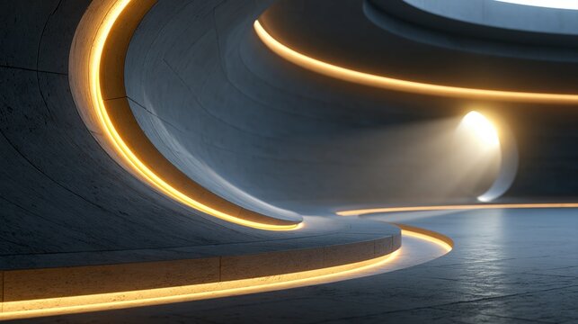 Futuristic architectural interior with curved walls and warm orange LED lighting
