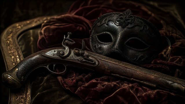 Antique flintlock pistol and black mask arranged on faded velvet fabric, historical still life.