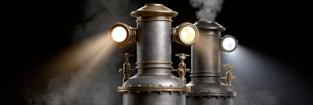 Steampunk Industrial Boilers with Glowing Lights and Steam on a Dark Background